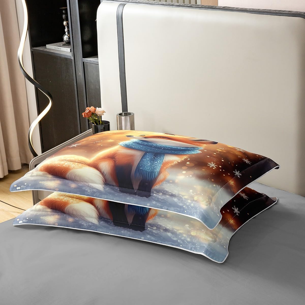 100% Natural Cotton Fox Duvet Cover Full Size for Kids Boys,Winter Cartoon Animals 3 Pieces Duvet Cover,New Year Fox Farmhouse Style Comforter Cover (Not Comforter),Dreamy Snow Night Quilt Cover