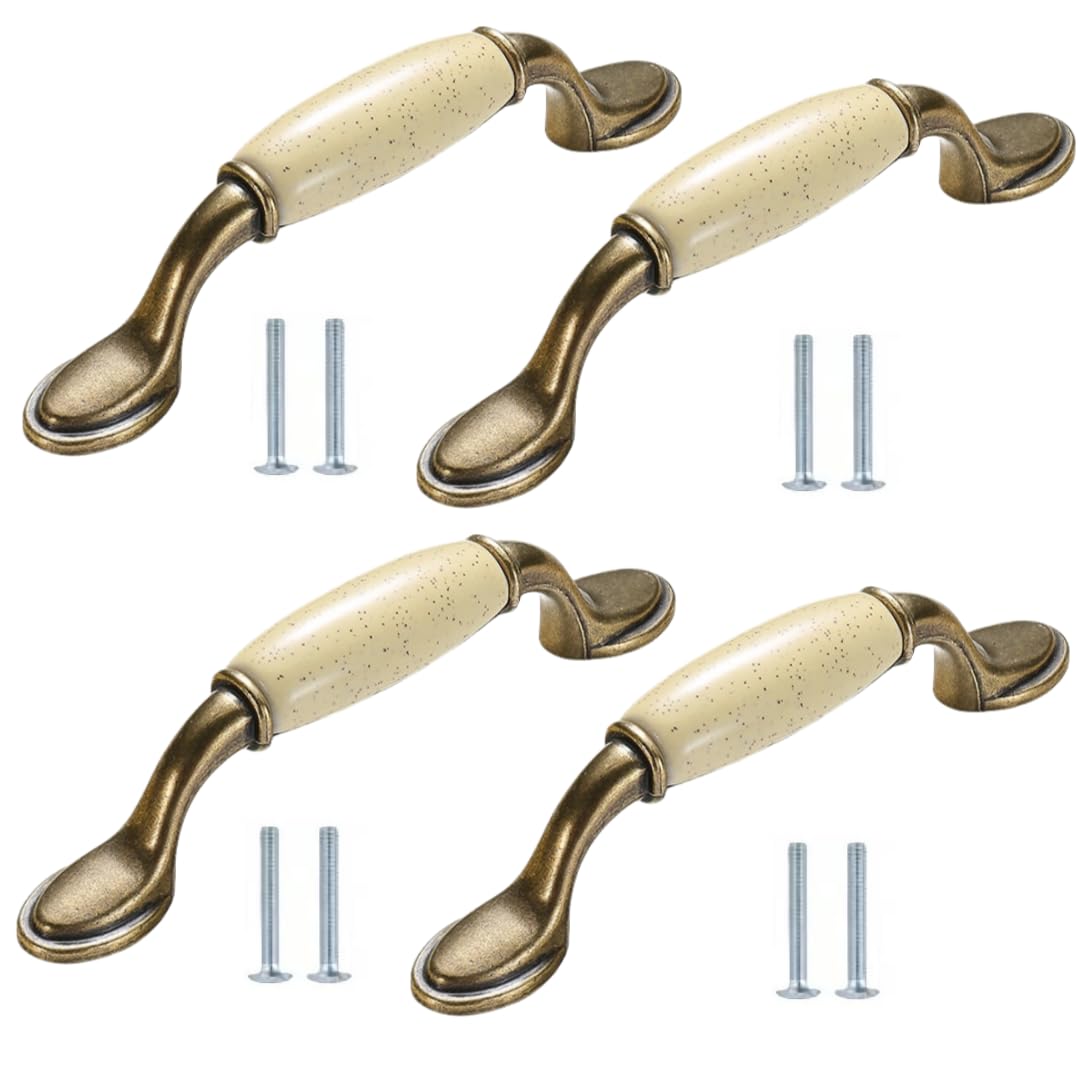 LQZAXSRDR Ceramic Cupboard Drawer Handle Knobs, Beige Ceramic Door Knobs, Zinc Alloy Cabinet Handles, Pack of 4, 140-155x32-40mm(140 * 38mm)