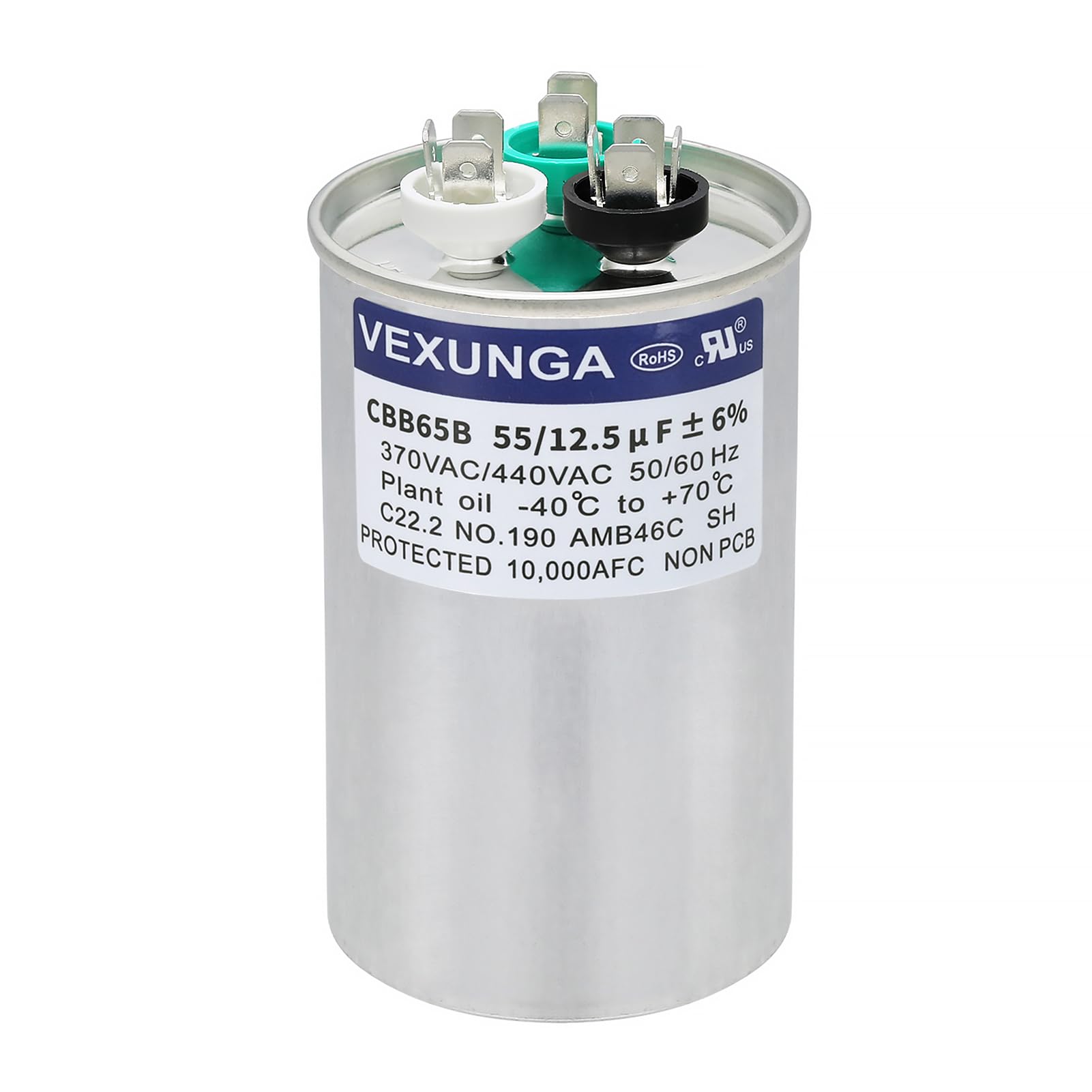 VEXUNGA 55/12.5 uF 55+12.5 MFD 370VAC or 440VAC Dual Run Start Round A/C Capacitor CBB65 Air Conditioner Capacitors for AC Unit Fan Motor Start or Heat Pump or Condenser Straight Cool