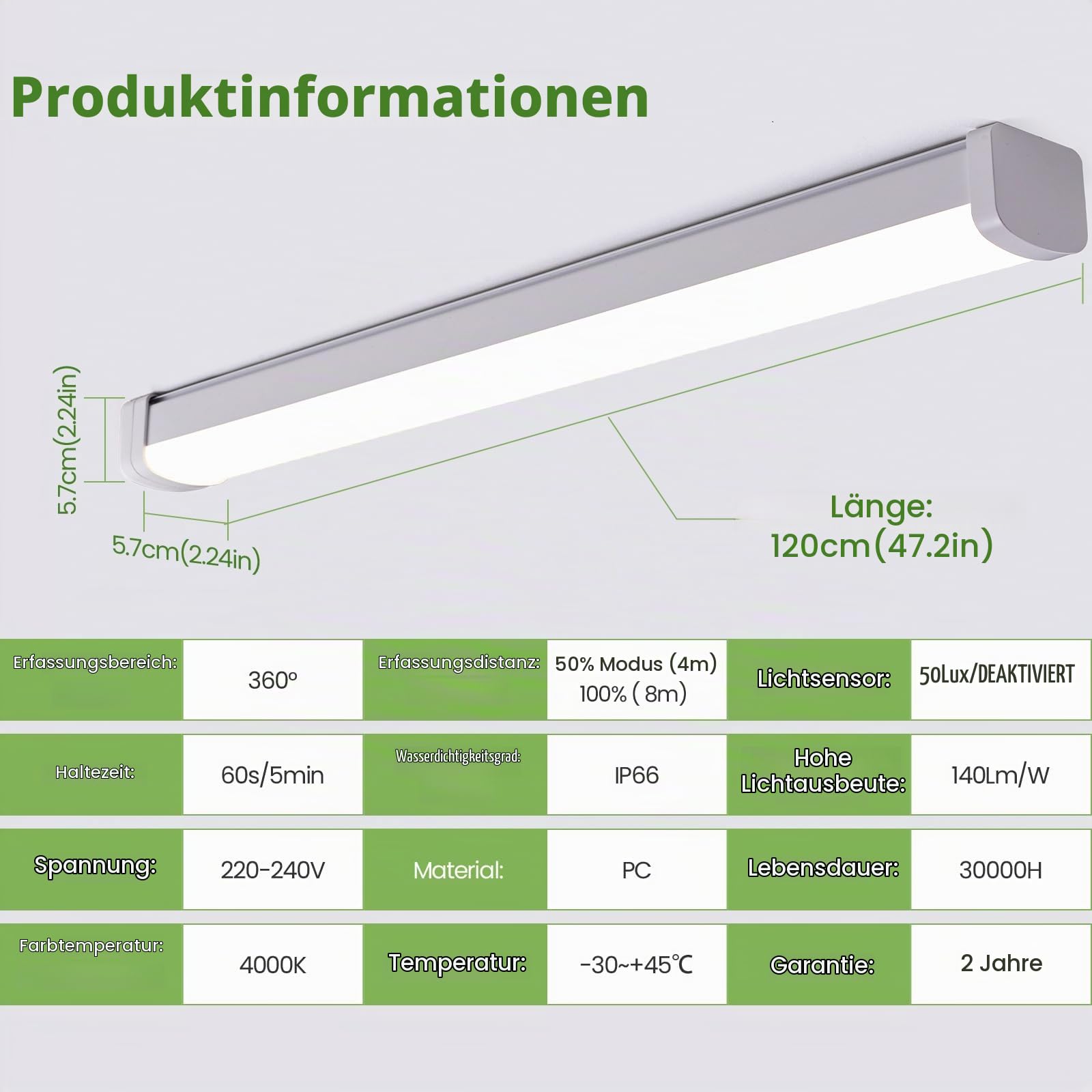 LEZOE LED Feuchtraumleuchte 120CM mit Bewegungsmelder IP66, 30W 4200Lumen (140Lm/W) Sensor LED Bürodeckenleuchte Röhre, Wasserdicht Wannenleuchte für Bad Lager Keller Garage Werkstatt Küche 4000K