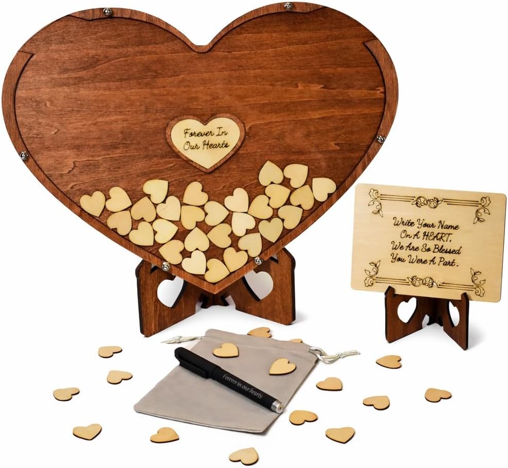 Wooden Heart Memorial Guest Book Alternative, Featuring-Forever in Our Hearts, 15 x 11 inches, Signing Hearts with Display Stand (100 Trinkets)