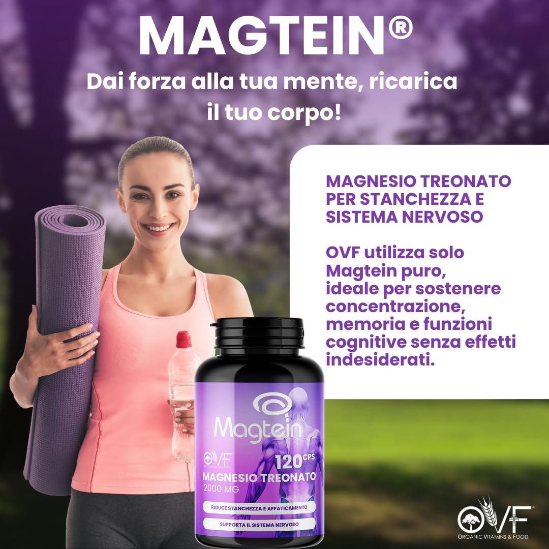 OVF Magnesio Treonato Puro Magtein ® 2000mg 120 Capsule, Magnesio Stanchezza e Sistema Nervoso, Integratore Magnesio L Treonato per Concentrazione, Stanchezza Fisica e Mentale, Senza Zucchero, Vegan