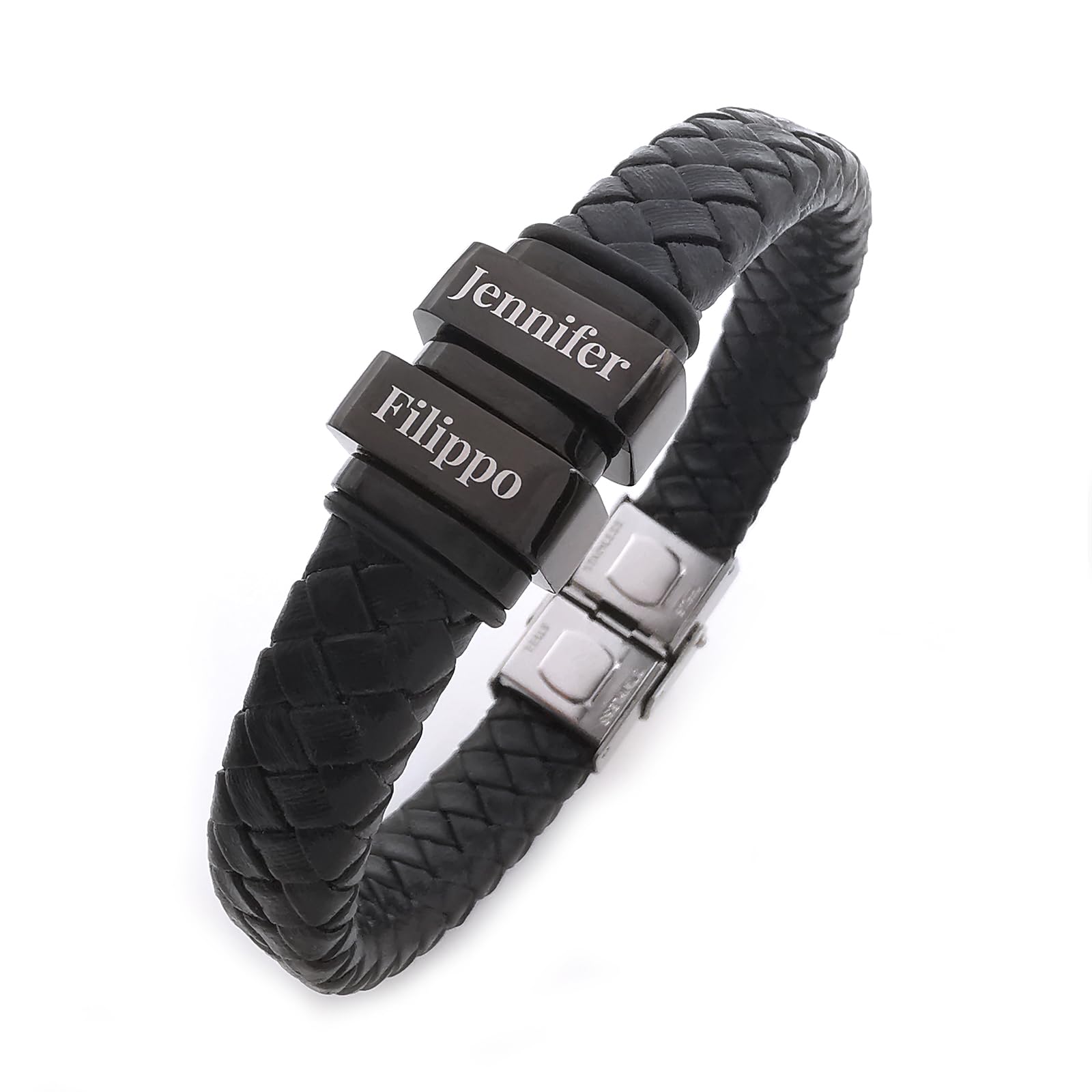 ALMENDRA Bracciale uomo personalizzato pelle festa del papà personalizzabile con incisione nomi figli acciaio nero simil pelle