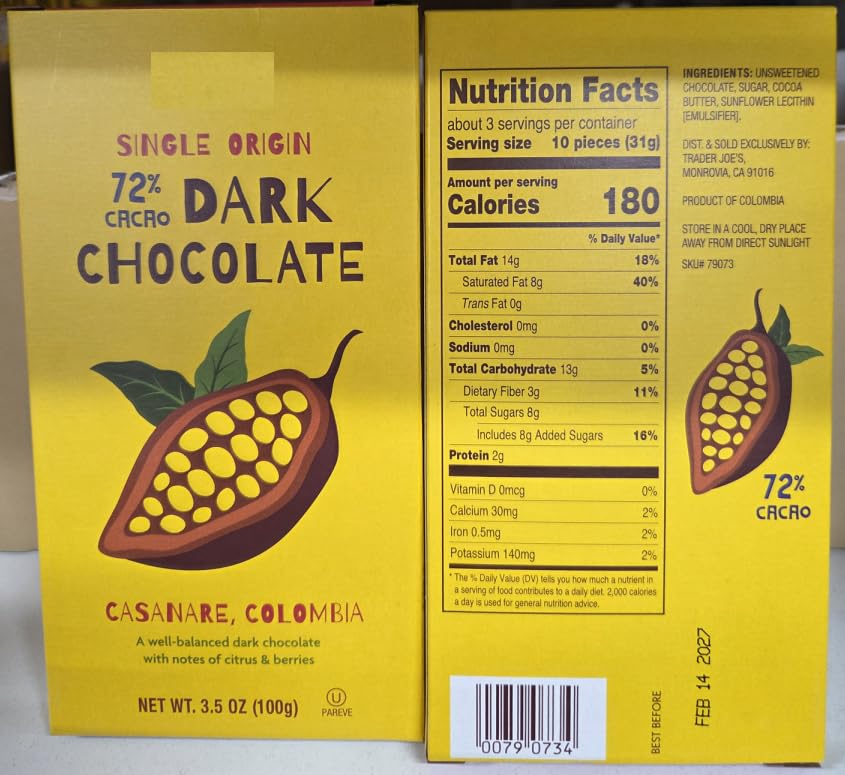 Trader Joe Single Origin 72% Cacao Dark Chocolate Casanare Colombia 3.5oz 100g (Two Bars)