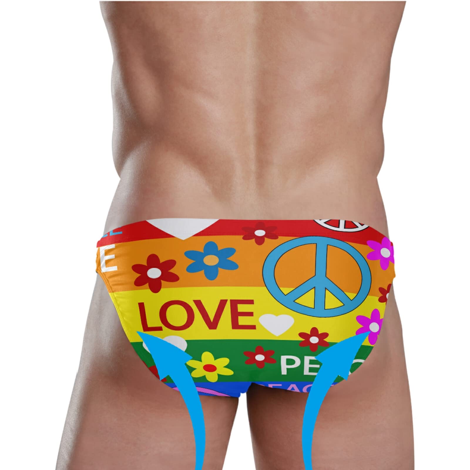 Dallonan Men Swim Brief Bikini Striped Rainbow and Peace Sign Love Hearts Flowers Beach Bikini for Men Swim Underwear Large