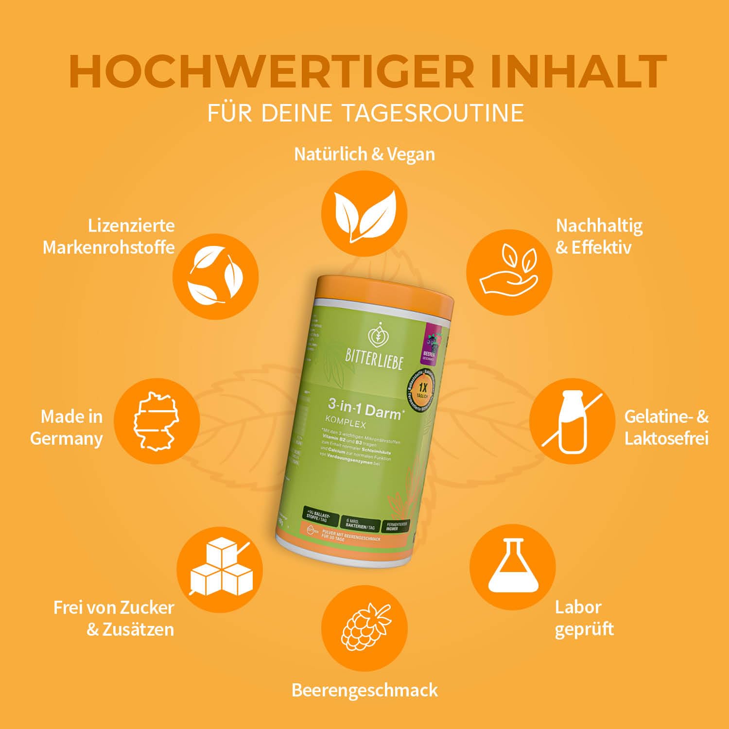 BitterLiebe - 3in1 Darm Komplex - Darmkur Pulver mit 9g Ballaststoffe & 6 Mrd. Darmbakterien - Darmflora aufbauen *, Darmgesundheit * - L Glutamin, Akazienfaser, Inulin und Verdauungsenzyme