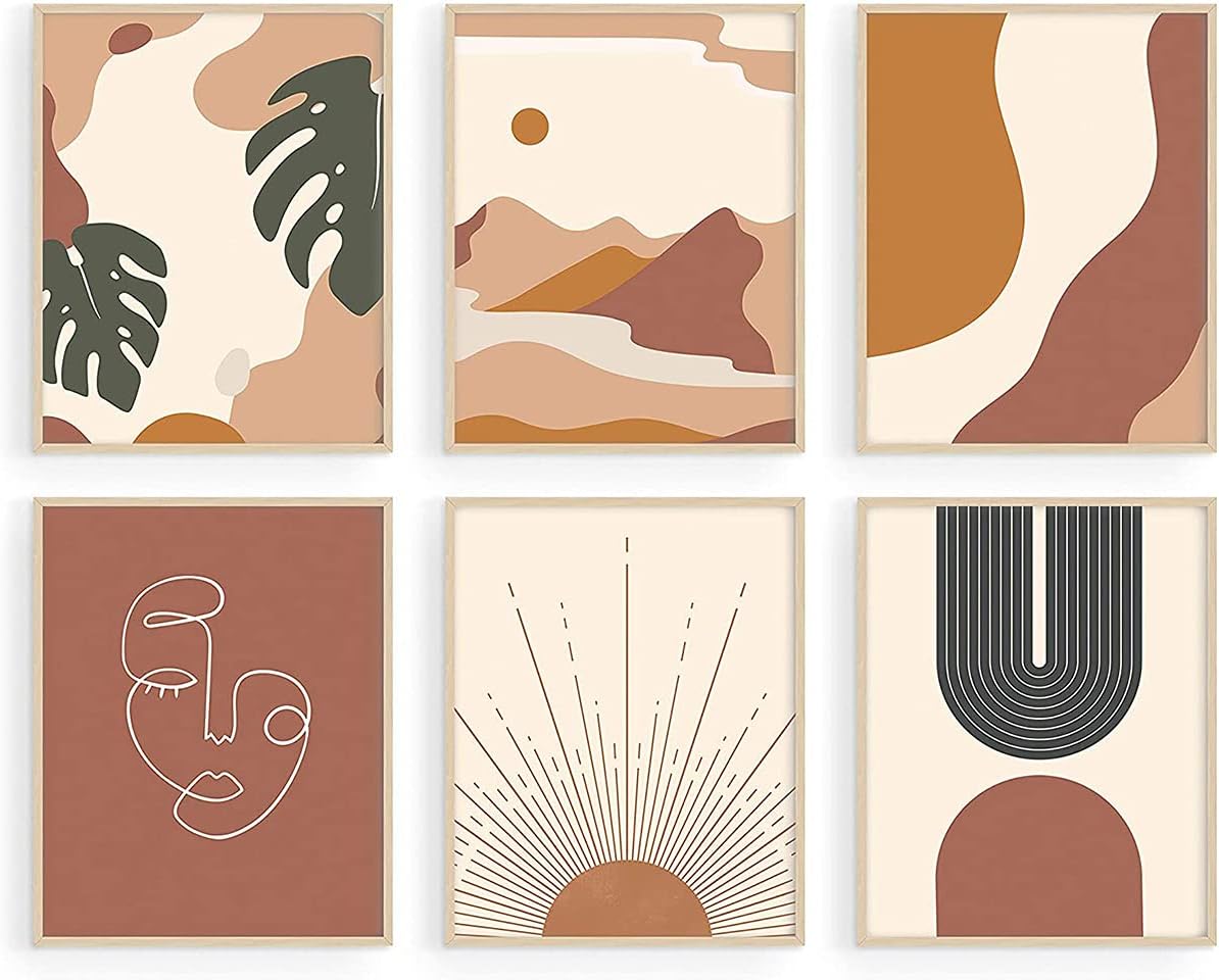 KASTWAVE Boho Prints Neutral Wall Art Decor, Set of 6 Mid Century Modern Prints Home Decor, Wall Art for Home, Unframed 20 X 25 CM