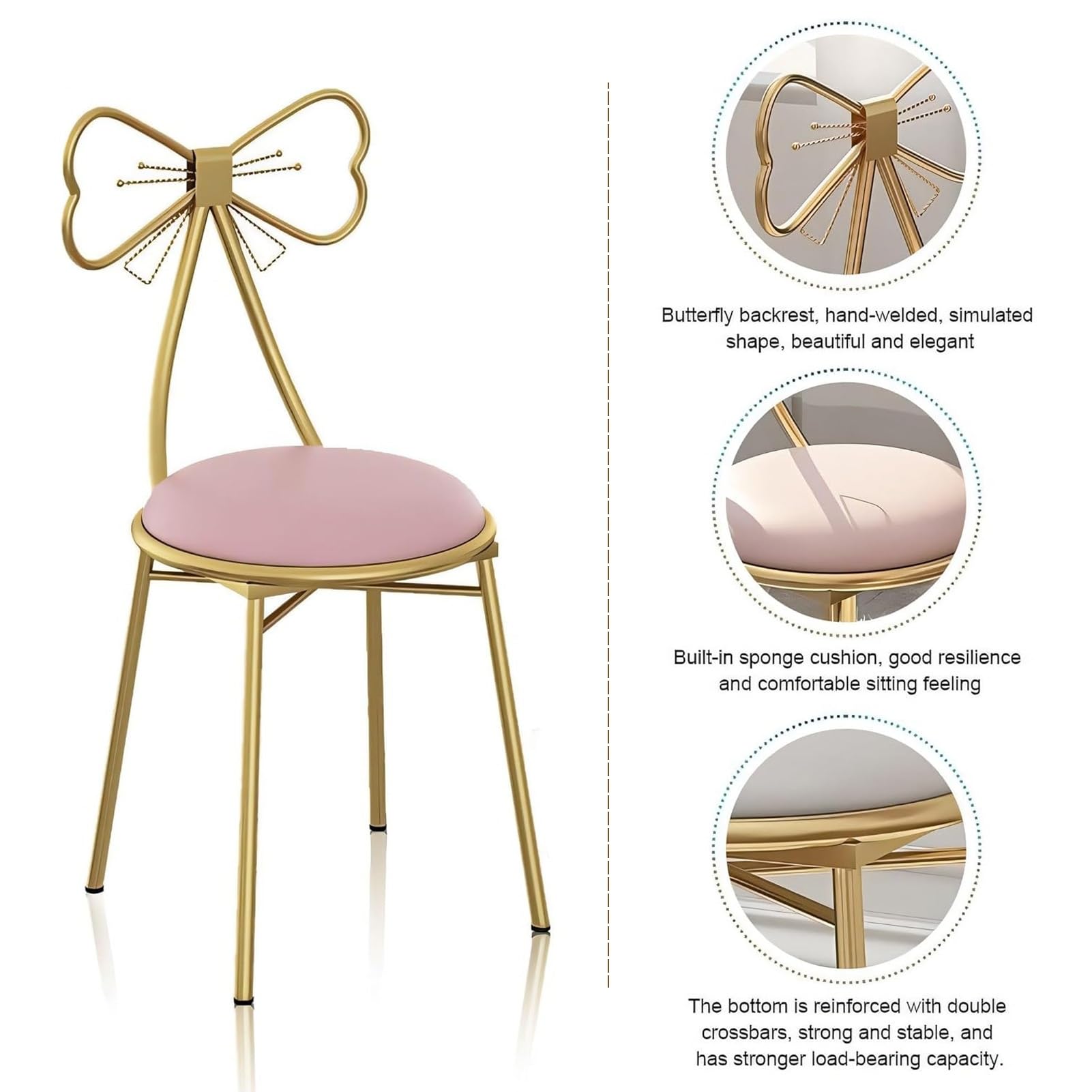 Silla de maquillaje con patas doradas, diseño de mariposa de metal rosa, cómoda silla de vestir para habitación de niñas o tienda de ropa