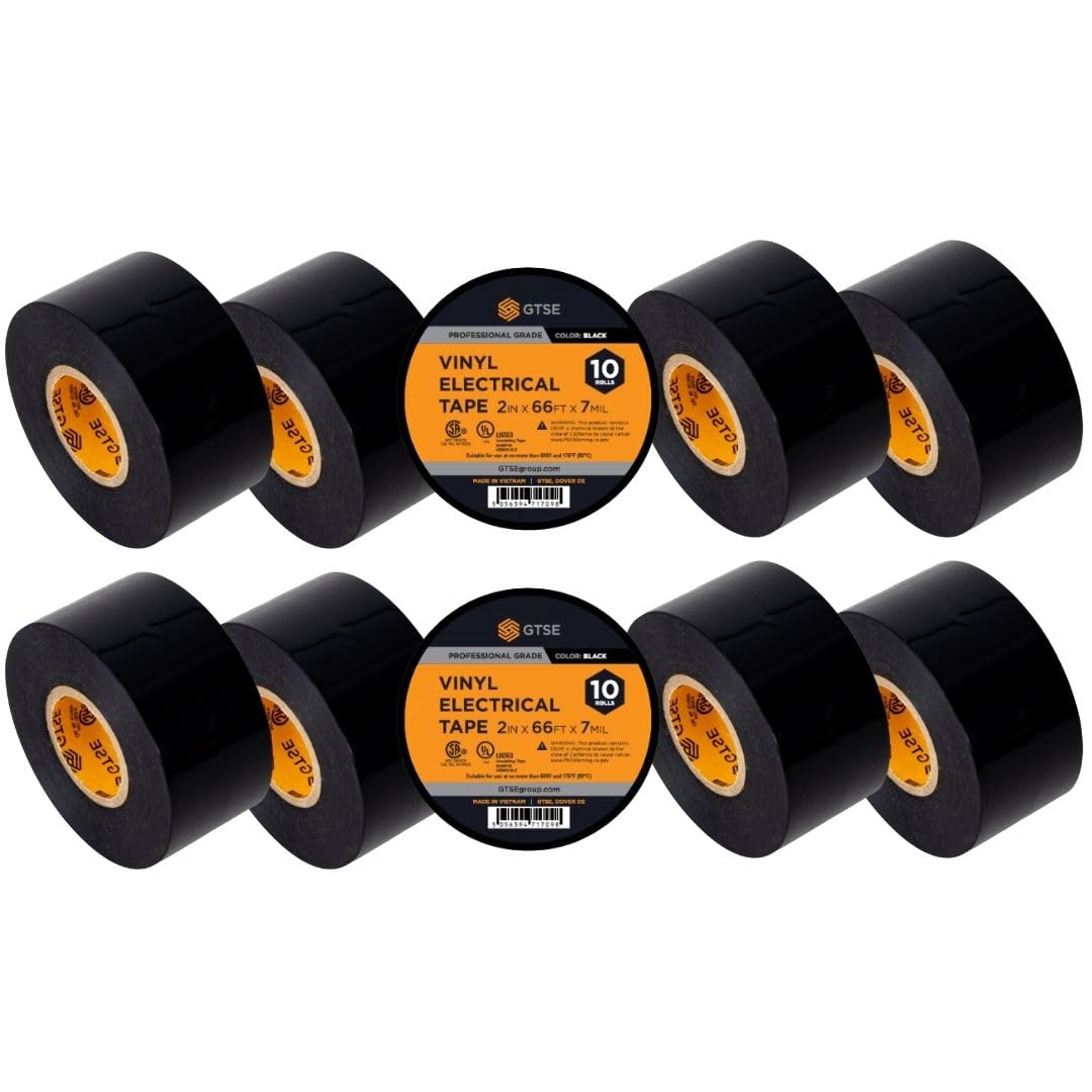 GTSE Nastro elettrico largo nero, 10 rotoli, impermeabile, in vinile di grado industriale, 5,1 cm x 1,8 m, nastro elettrico autoadesivo in PVC per isolamento dei fili, 7 mil, 600 V - UL/CSA