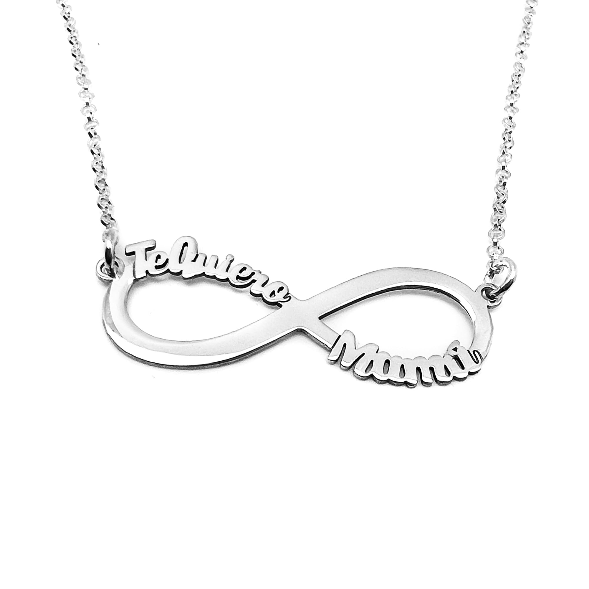 Collar infinito “Te quiero Mamá” en plata de ley 925 | Hecho a mano en Málaga | Colgante 37x12 mm | Regalo emotivo Día de la Madre o cumpleaños. Modelo Te Quiero Mamá.
