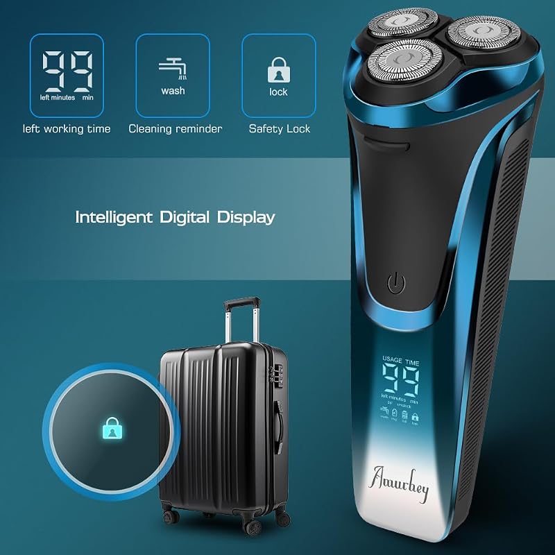 Aparat de ras electric pentru bărbați Amurhey, utilizare umedă și uscată, IPX7, cu 3 capete de schimb, trimmer pentru barbă, autonomie de 99 de minute, încărcător și etui de călătorie