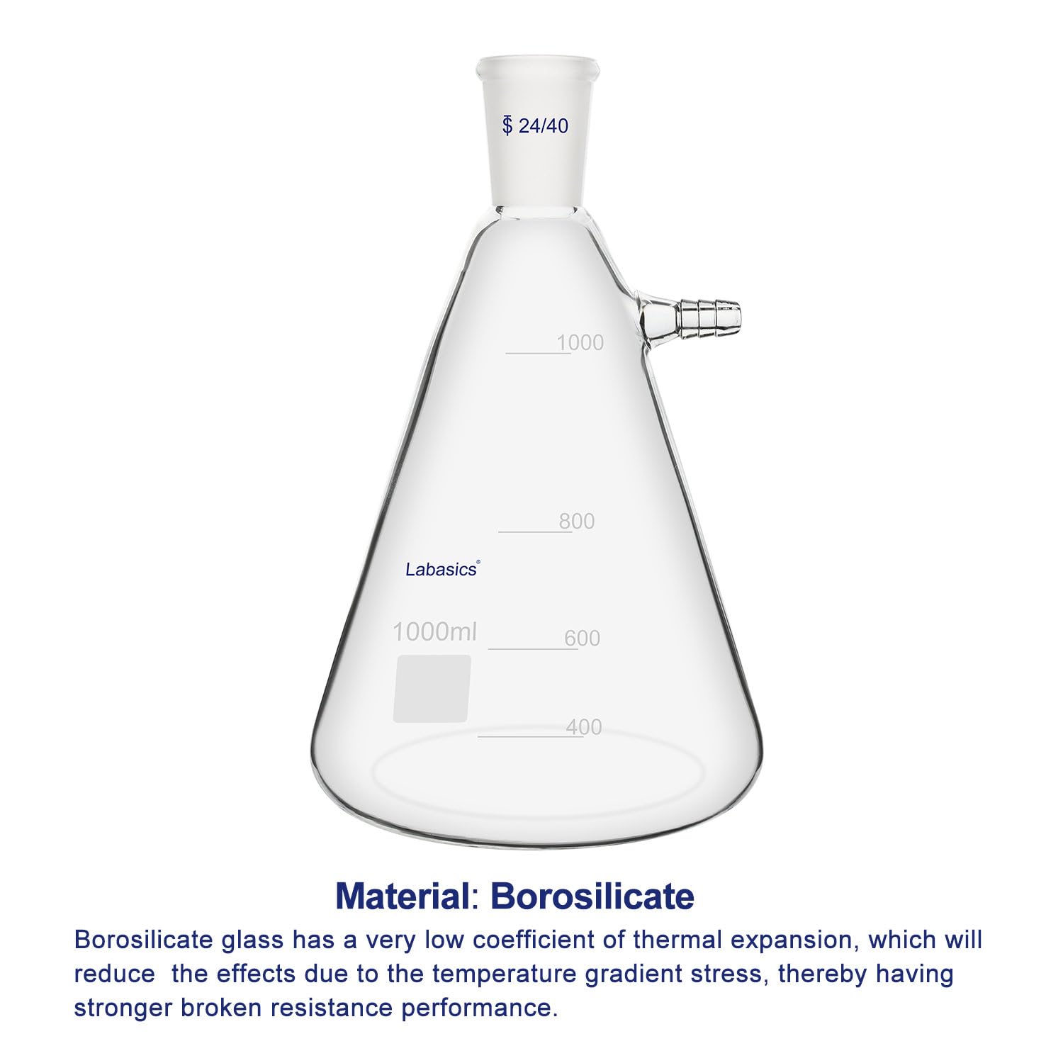 Labasics 1000 ml Flacon de Filtration avec 24/40 Standard Conique Joint, Flacon de Filtration en Verre Borosilicate Haute Résistance, Col de Boulon avec Tubulure, Interface de Tuyau de 9 mm