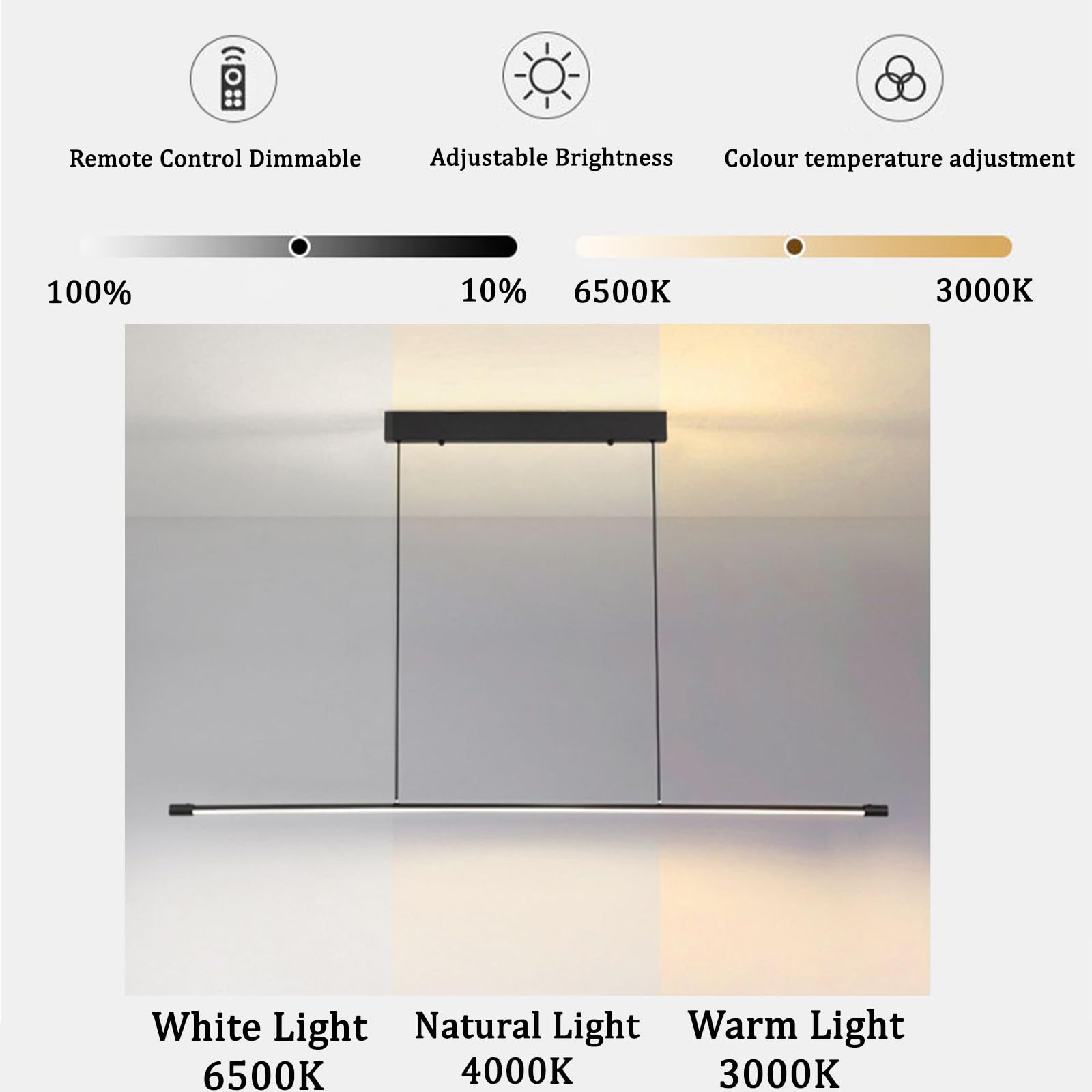 Suspension Luminaire LED Table à Manger avec Télécommande Dimmable 3000K-6000K Pendant Light Moderne Linéaire Hauteur Réglable Suspension Cuisine Salon Bibliothèque Salle à Manger (Blanc,90cm)