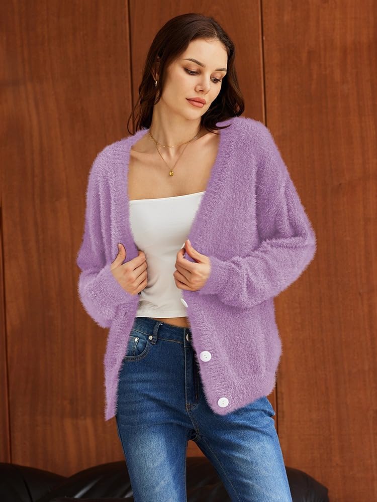 Pink Queen Women's Furry Cropped Cardigan Batwing Sleeves Open Front V-Neck Button Down Loose Casual Knit Sweater Coat - Image 5