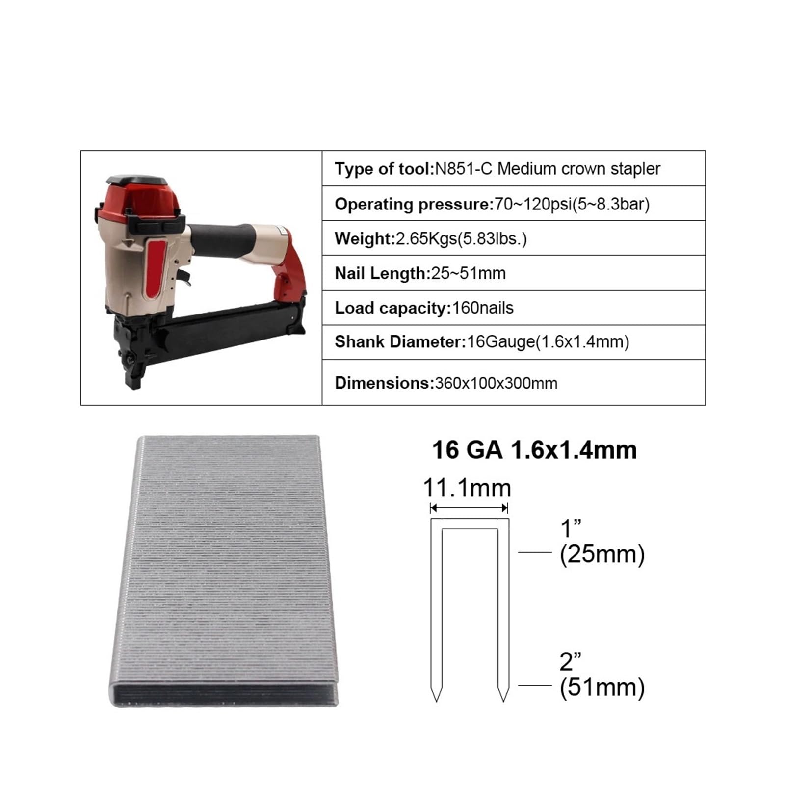 Cucitrice Professionale Heavy Duty Pinzatrice Pneumatica N851-C Pistola Chiodo Ad Alta Resistenza Per Coperture Di Tetto, Mobili, Pistola Chiodatrice