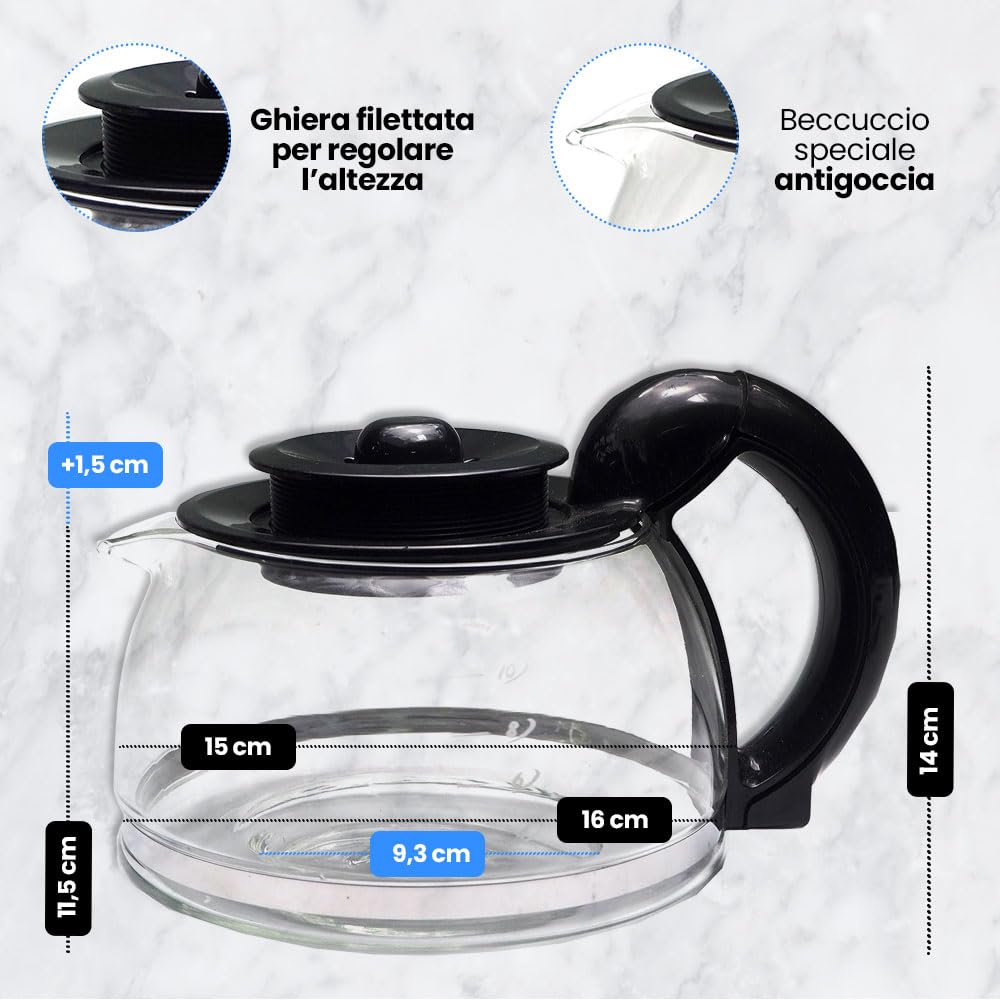 Anakel Home Caraffa caffettiera universale compatibile con caffettiera americana o a goccia elettrica | Caraffa bombata, vetro, coperchio antigoccia con altezza regolabile 11,5-13 cm, capacità 1,25 l