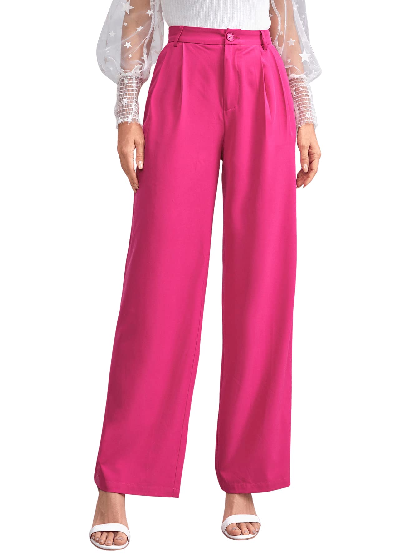 SweatyRocks Women's Casual Wide Leg High Waisted Button Down Straight Long Trousers Pants