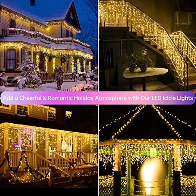 Warm White Christmas Icicle String Lights - 65.6 FT with 120 Drops, 8 Light Modes for Outdoor Decorations - Wedding, Party and More