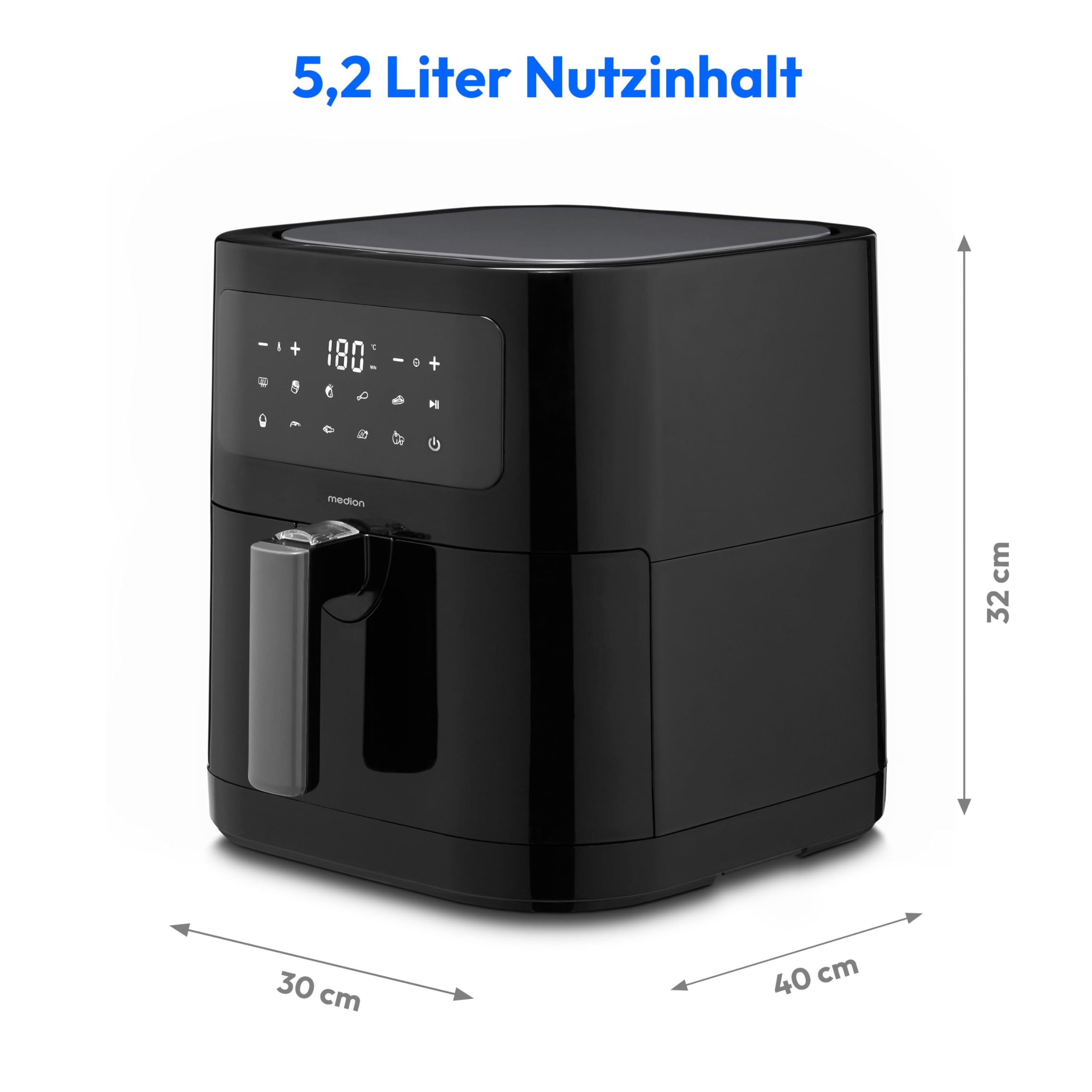 MEDION E40 XL Heißluftfritteuse (5,2 Liter, Airfryer, 2.150 Watt, 9 Automatikprogramme, Backfunktion, ölfreies Frittieren, Touch Bedienfeld, LED Anzeige, MD 11740) schwarz