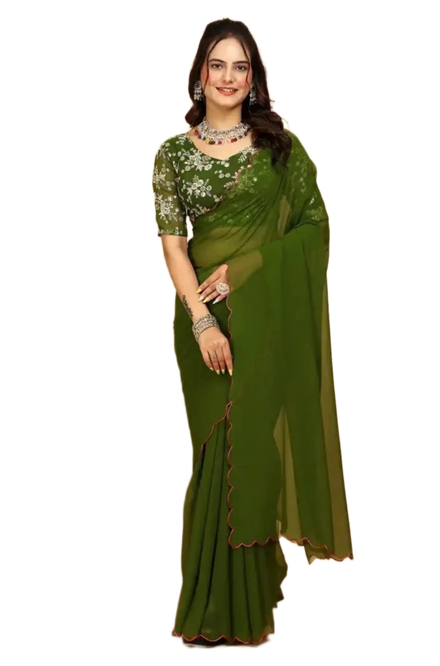 Womens Reniyal Saree Featuring Scalloped Border With Bangalori Floral Design Blouse 5.5 Meter Saree and 0.8 Meter Unstitched Blouse Piece-picture-18