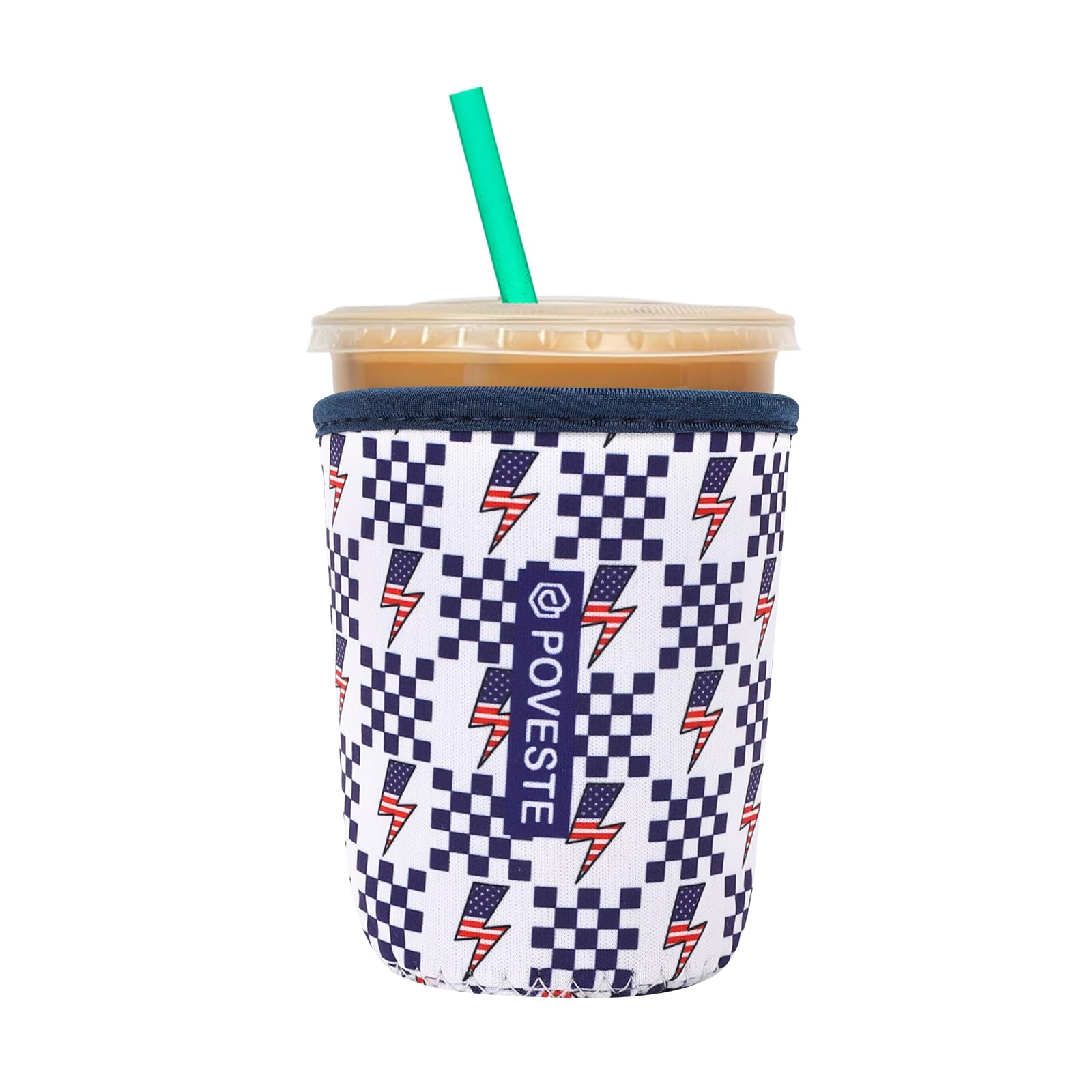 Reusable Neoprene Insulator Sleeve for Iced Coffee &amp; Cold Soda, Coffee Sleeves for Iced &amp; Hot Drinks, Cold Beverage Cooler Compatible with Starbucks, Dunkin (Lightning Flags, Small: 16-18oz)