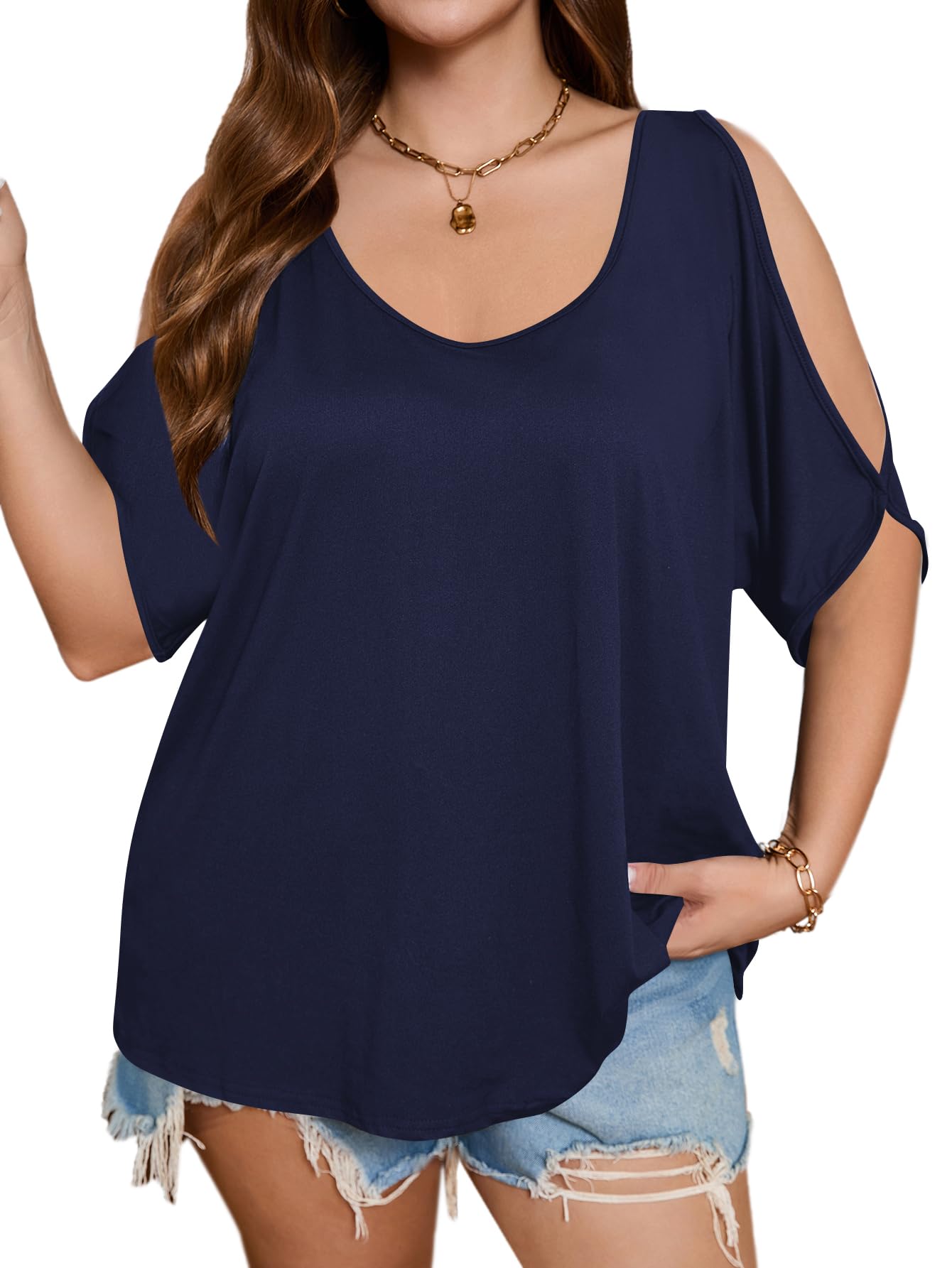 Women's Plus Size Cold Shoulder Top With Contrast Lace - Short Sleeve Summer Tee