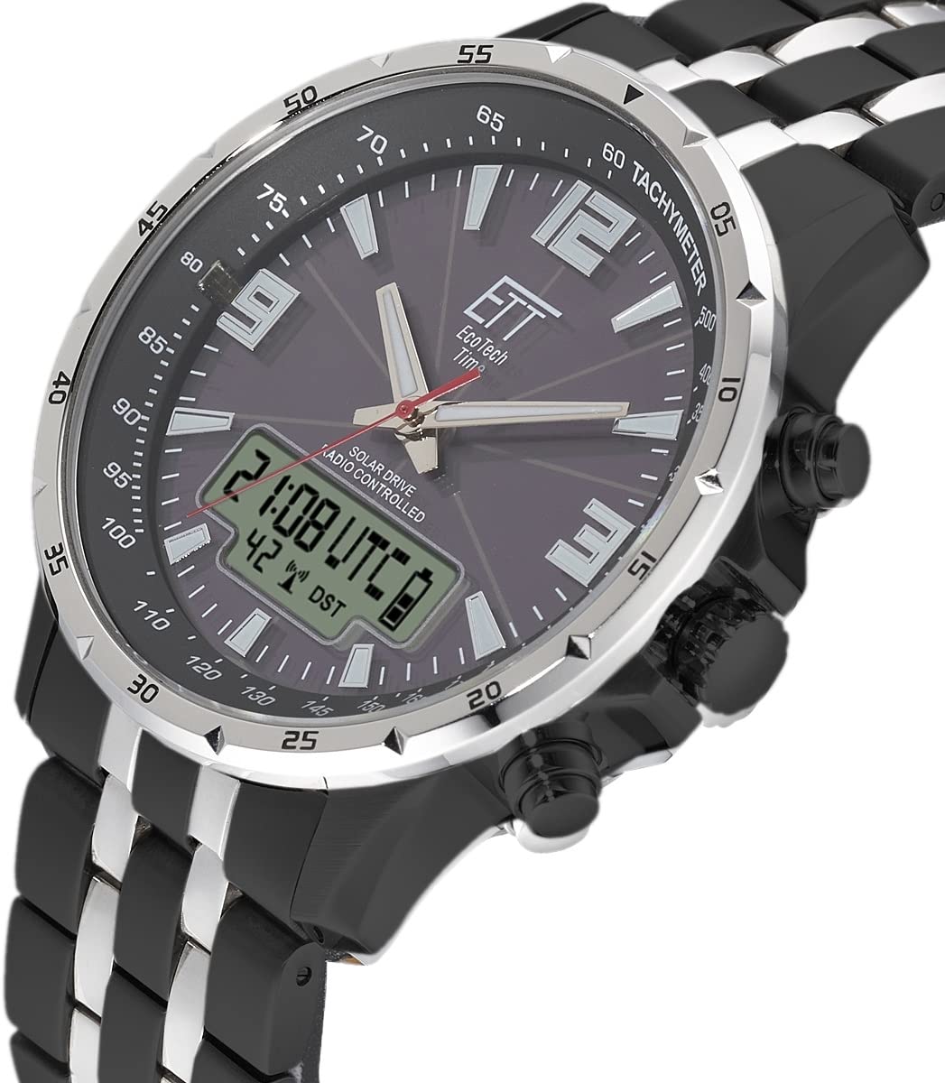 ETT Eco Tech Time Funk Solar Weltzeit Herren Uhr Chronograph mit Edelstahl massiv Armband EGS-11568-21M