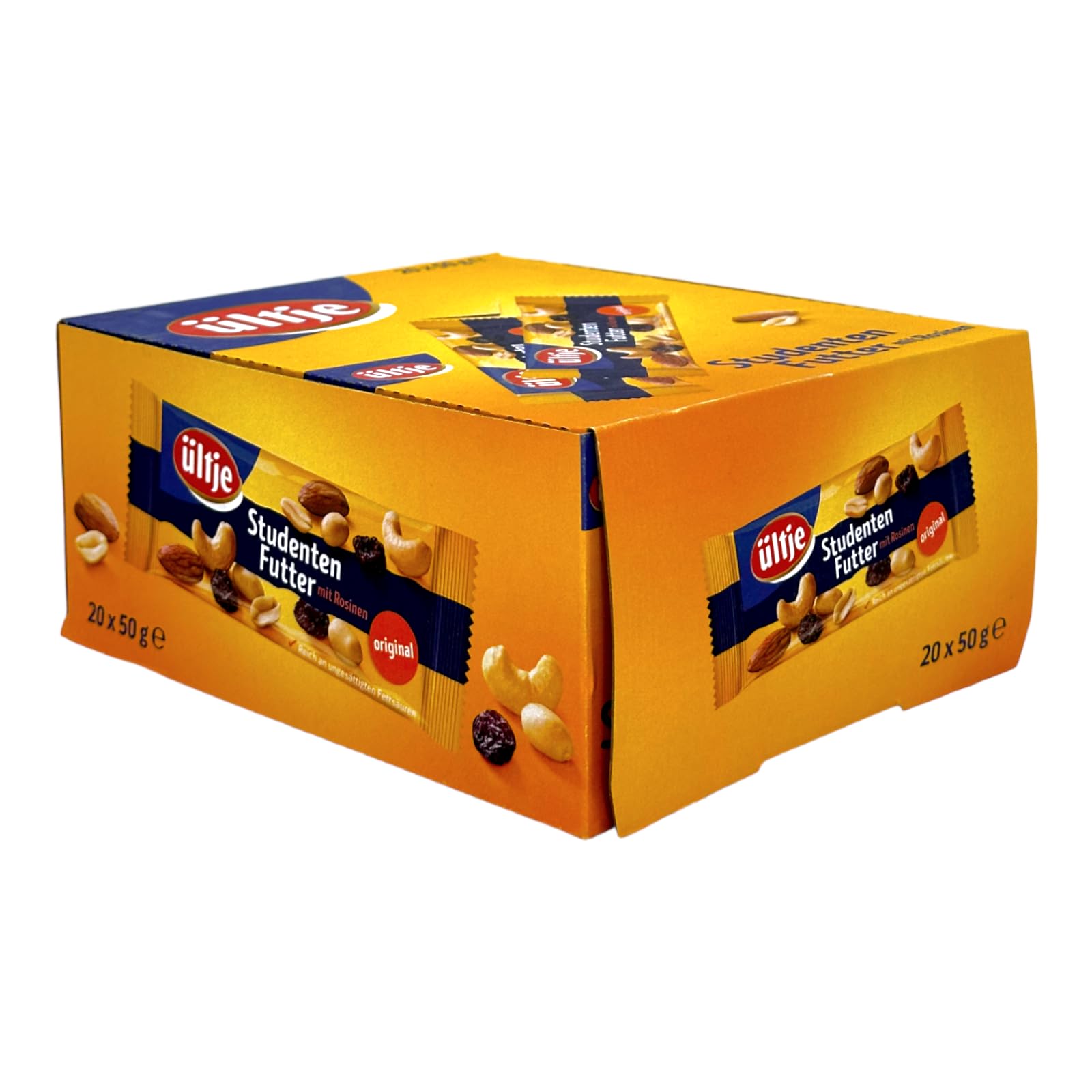 Ültje Studentenfutter mit Rosinen Original (20x 50g) | Riegelbeutel Display | Veganes Studentenfutter | Mix aus Nusskernen und Erdnusskernen, geröstet und Rosinen + Zama4Zingo Karte