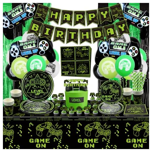 Hegbolke Decoraciones para fiestas de videojuegos: incluye juegos en platos, servilletas para subir de nivel, vasos, pancarta de cumpleaños, globos, cortina con flecos para niños, juegos para subir de