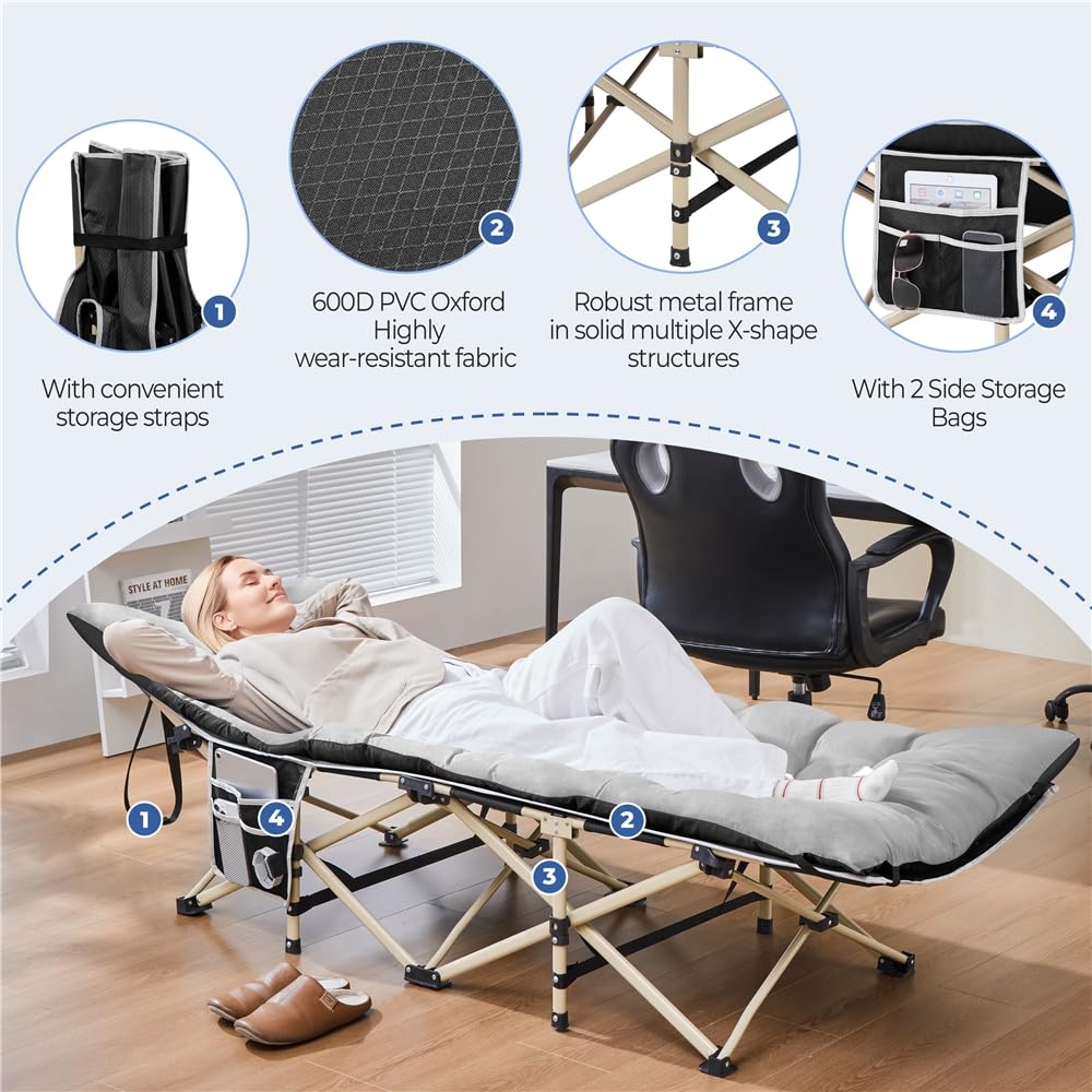 Yaheetech Feldbett mit Matratze Campingbett klappbar Gästebett mit Tragetasche & Seitentasche 191 x 67 cm Gartenliege bis 150 kg Belastbar, Grau Matratze+Schwarz Bett