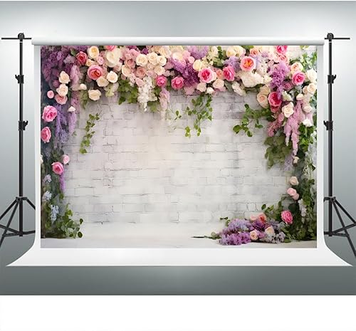 Miniatura 3 de YongFoto Fondo de pared de ladrillo blanco retro con arco floral de 9 x 6 pies, flores de rosa, hojas de vid, fondo de fotografía, cumpleaños,