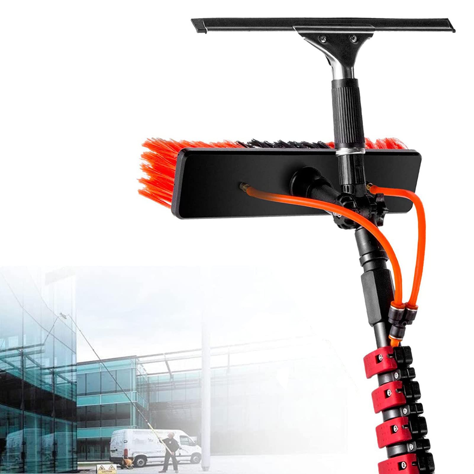 BHFLJSAQ 24FT Water Fed Window Cleaning Pole Kit, Telescopic Brush with Scraper, 35cm Brush Head for Indoor/Outdoor Glass Washing, Extends Up to 10.8M/36FT