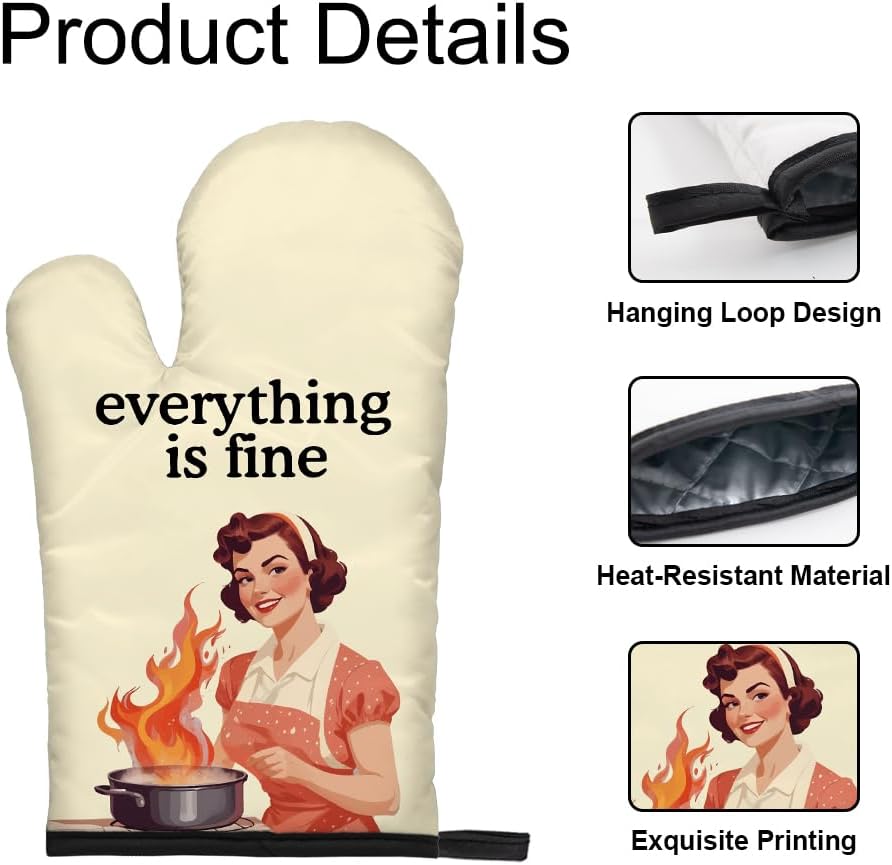 DYJYBMY Everything Is Fine Funny Oven Mitts and Pot Holder Set, Vintage Lady Kitchen Gadgets for Women Bake Lover, Housewarming Gifts for Hostess Chef Friend, Baking Gifts for Mom Wife Aunt Sister BFF - Image 3