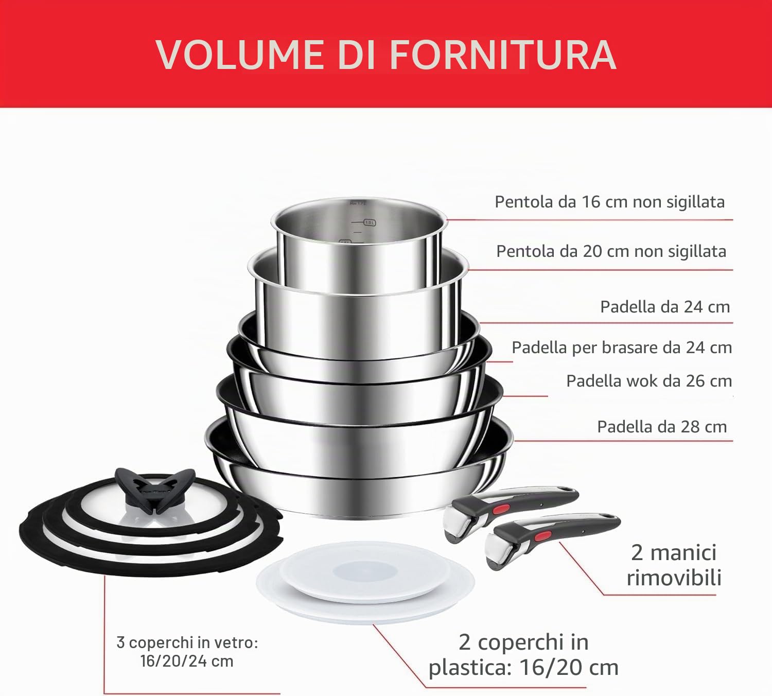 Tefal Ingenio Preference ON Set di pentole e padelle, 13 pezzi, impilabili, manico rimovibile, salvaspazio, antiaderente, a induzione, in acciaio inox, L9749432