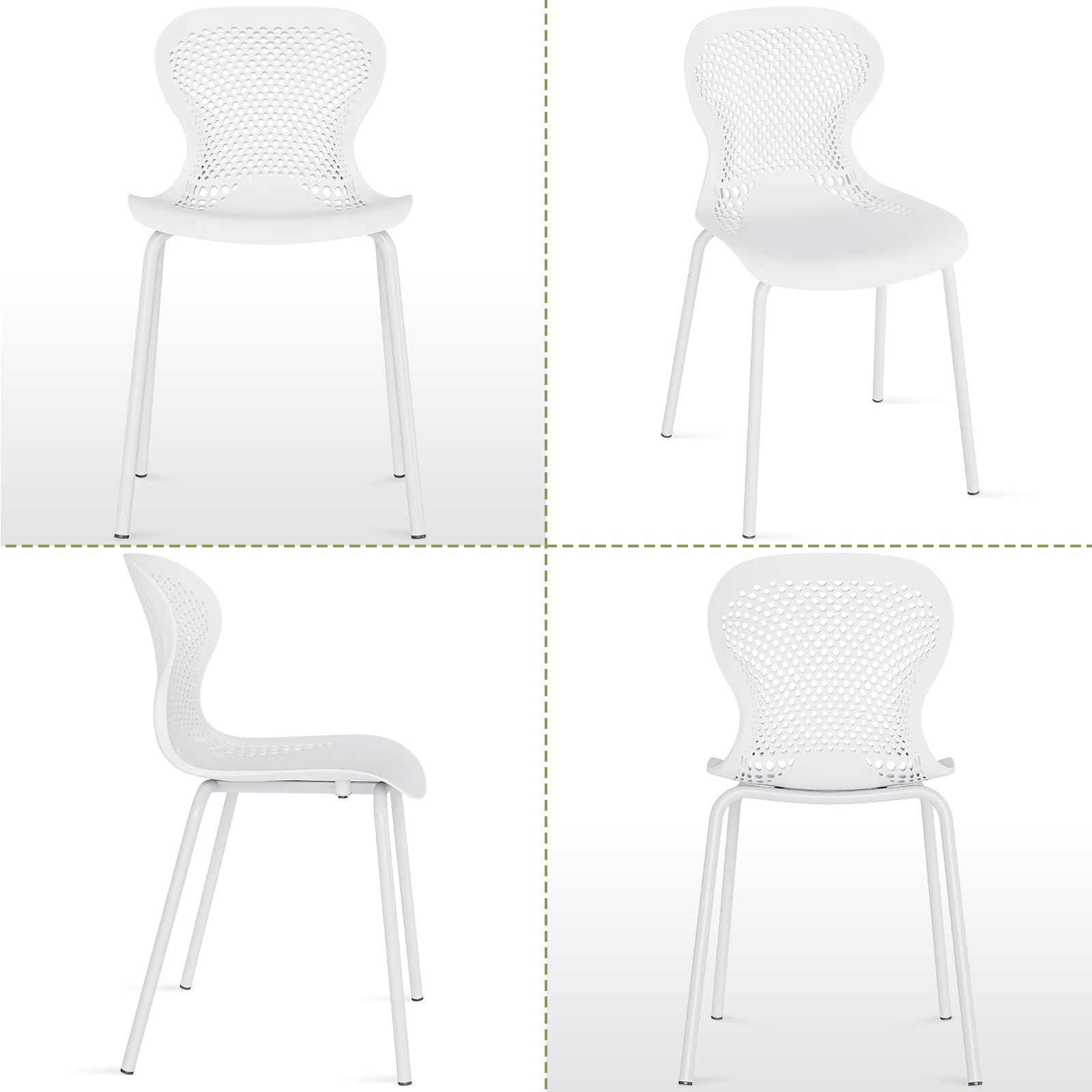 JIJIAN Lot de 6 Chaises de Salle à Manger Empilables, Chaise de Cuisine avec Pieds en Métal, Chaises de Jardin en Plastique, pour Salle à Manger, Salon, Jardin, Balcon et Terrasse, Blanc