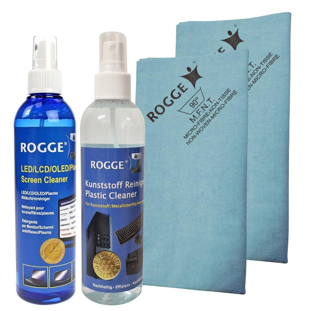 ROGGE PC + zestaw do czyszczenia ekranu 250 ml Screen Cleaner + 250 ml tworzywo sztuczne/czyszczenie klawiatury wraz z 2 x ROGGE Prof. ściereczki z mikrofibry