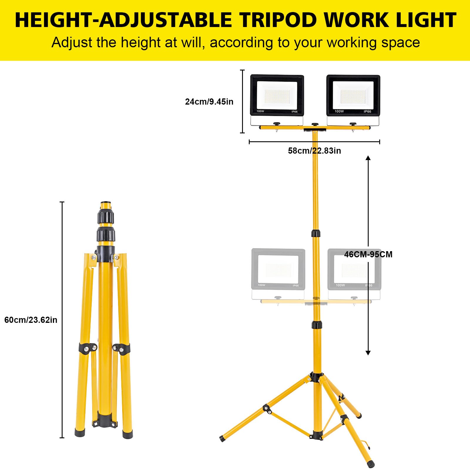 Faretto da Cantiere com Treppiede Telescopico 200W, 20000LM 6500K Faro LED da Cantiere Portatile, 6500K Faretto da Cantiere con Cavo 3m, Rotazione 360°, IP66 Impermeabile Lampada da Lavoro