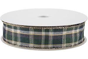 Navy Blue & Green Plaid Ribbon 1.5"x50Yds - Gold Edging