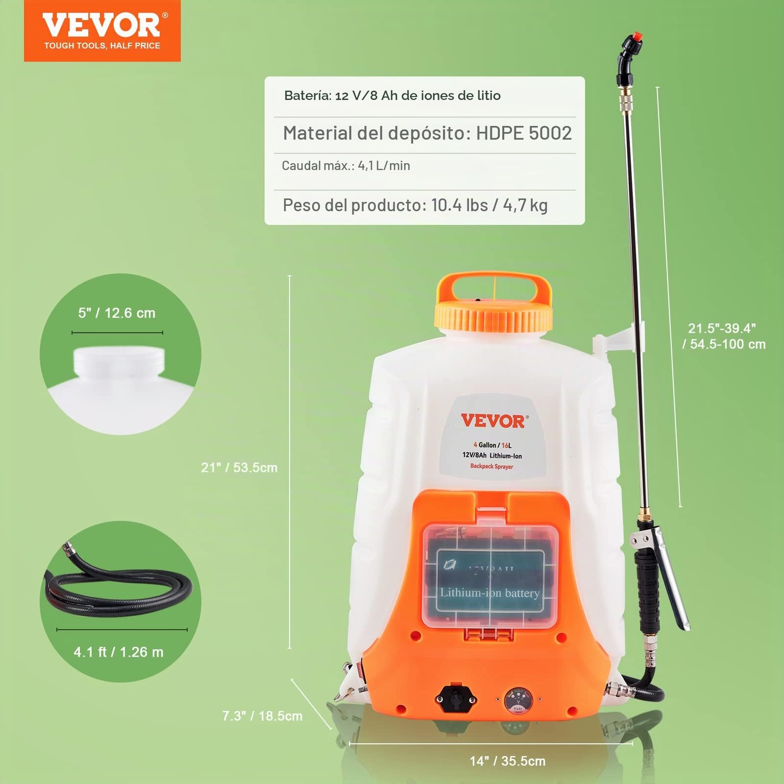 VEVOR Pulverizador de Mochila, Pulverizador Eléctrico de Mochila Portátil de Retráctiles y Boquillas, Ajustable de, Horas de Autonomía para Jardín, Césped (16L)