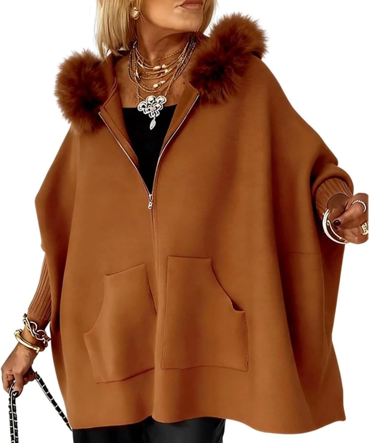 Women Fur Collar Solid Color Casual Jacket, Fall Batwing Sleeve Full Zip Up Hooded Faux Fur Lapel