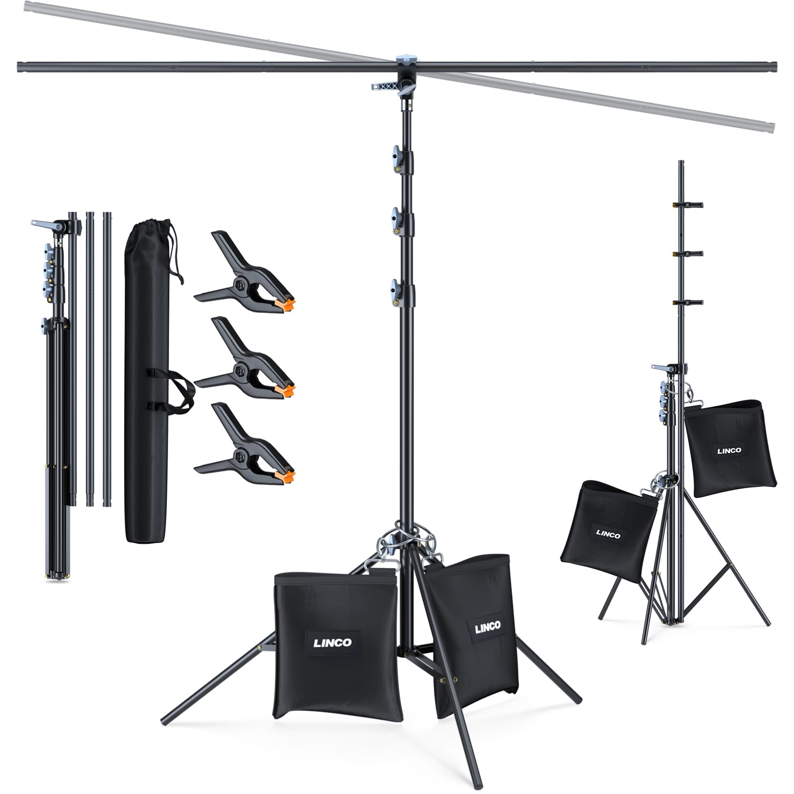 LINCO Lincostore T-Shape Portable Background Backdrop Support Stand Kit 6.7ft Wide 9.5ft Tall Adjustable Photo Backdrop Stand with 3 Clamps