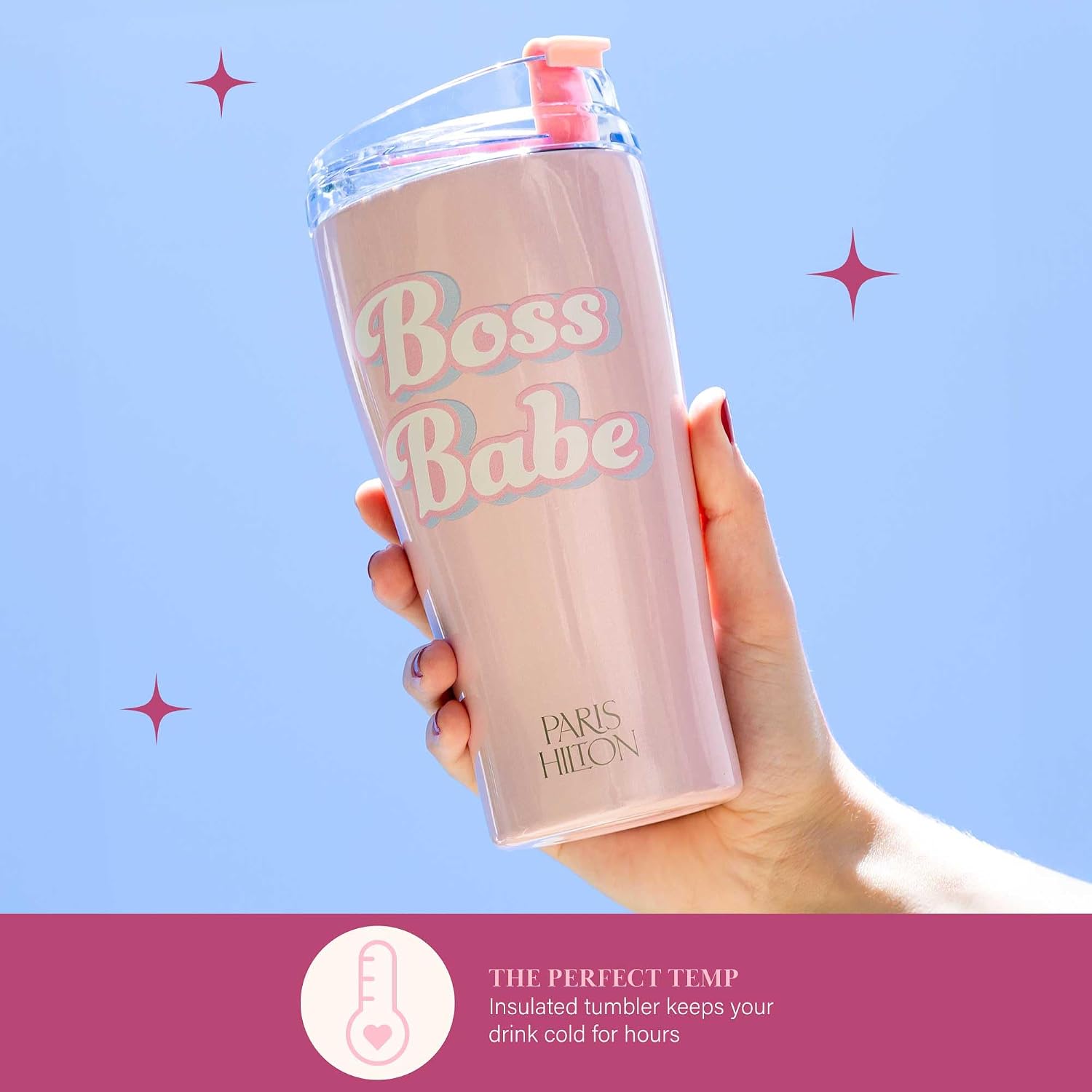 Paris Hilton Boss Babe Tumbler, Insulated Water Bottle with Leak-Proof, Flip-Top Lid, Stainless Steel Travel Cup Keeps Drinks Cold-24 hours, Hot-8 hours, 20-Ounce, Pink Iridescent image 4