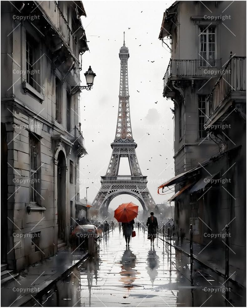 City Street Paint by Numbers Kit for Adults - DIY Eiffel Tower with Red Umbrella in Paris Painting on Canvas 16x20In, Framed Acrylic Paint Set, Suitable for Beginners,Travel Art for Decoration
