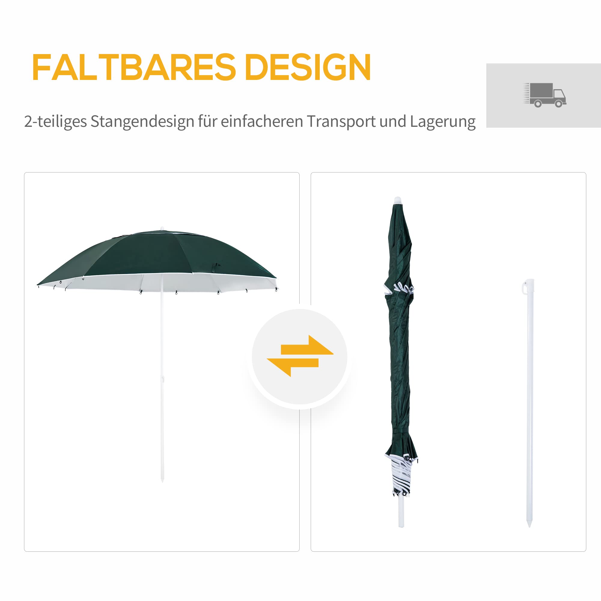 Outsunny 2 in 1 Sonnenschirm Strand Ø 210 cm UPF 50+ windfest Strandschirm mit Seitenwänden Tragtasche Balkon-Schirm faltbarer Gartenschirm Sonnenschutz für Reisen, Strand, Balkon Camping