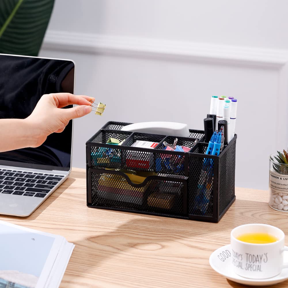 Organisateur De Bureau Multifonctionnel TQVAI - 3 Compartiments + Tiroir + Support Téléphone - Blanc
