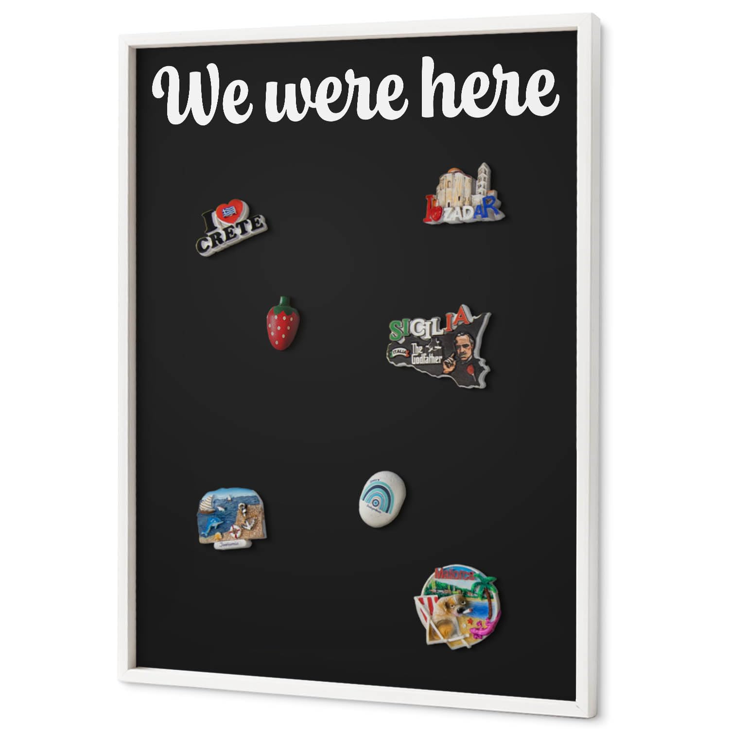 Panel Magnético 70x100 cm | con Marco Blanco | We Were Here | Montaje Fácil | Organizador de Pared | Para Recuerdos de Vacaciones | Expositor de Imanes de Nevera y Postales | Para Cocina