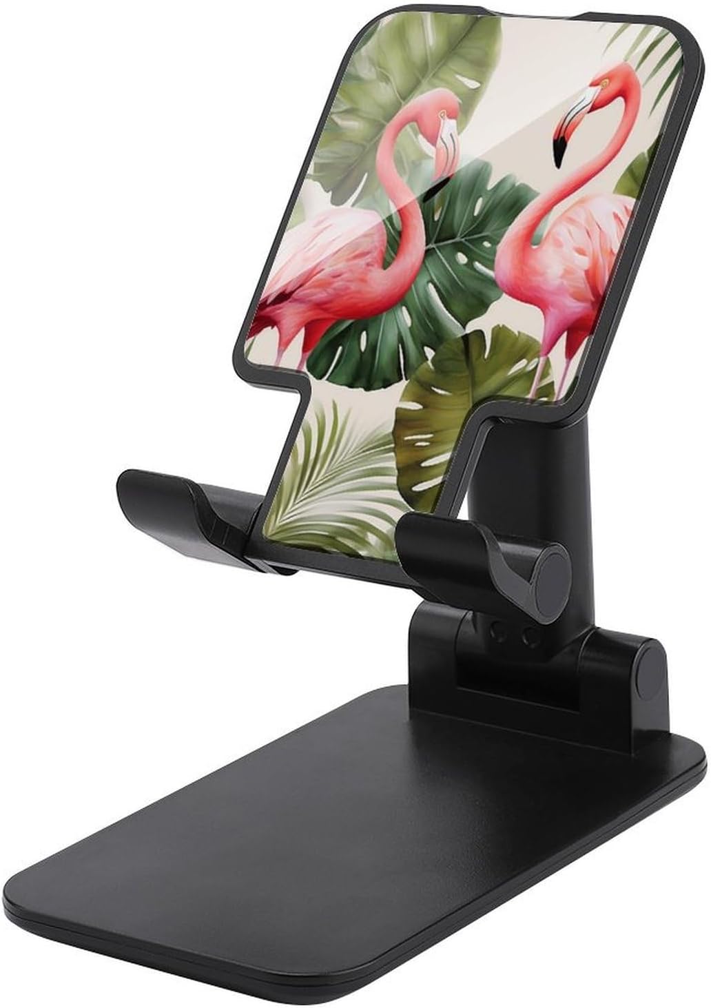 Adjustable Flamingo Palm Trees Leaf Cell Phone Stand for Desk Portable Phone Holder Universal Handsfree Phones Mount for Airplane Travel Essentials Compatible with 4-8 Smartphones Tablet Black