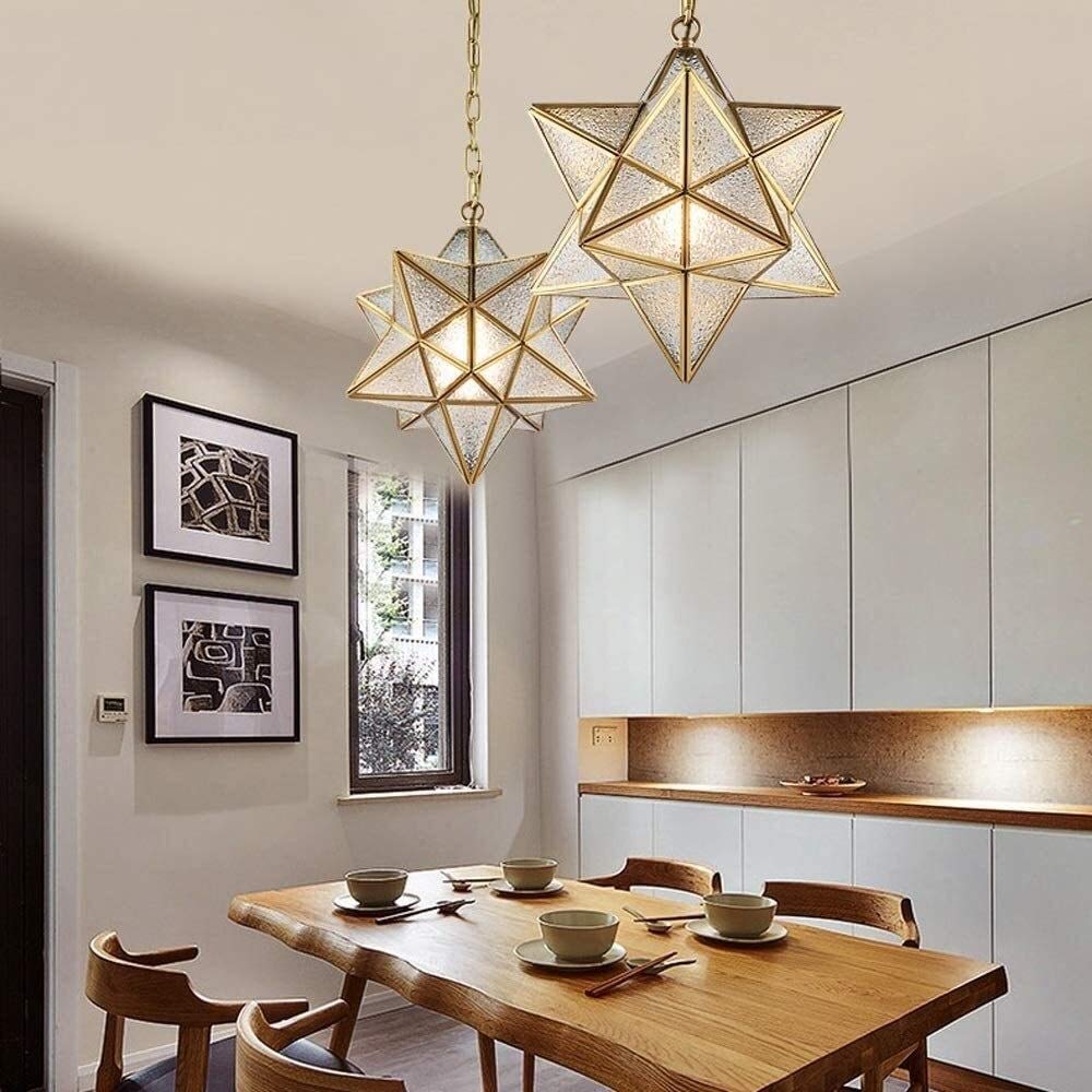 Star Pendant Light Fixture, Gold Finish, 3-Color Adjustable LED (Warm/Neutral/Cool), E26 Bulb Included, Eye-Protection Lampshade, For Bedroom, Living Room, Kitchen, Cafe