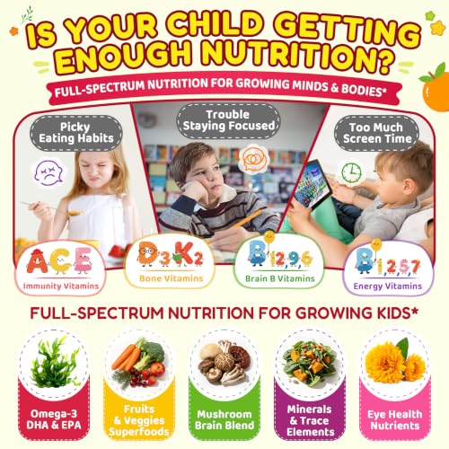 Image of Kids Methylated Multivitamin Gummies with Omega 3 DHA /EPA, Methyl 12 & Folate, Lion's Mane Mushroom, Vitamin D3, C, Zinc, Magnesium, Picky Eater Vitamins Children 4+ for Brain, Focus, Sugar Free, 60Ct