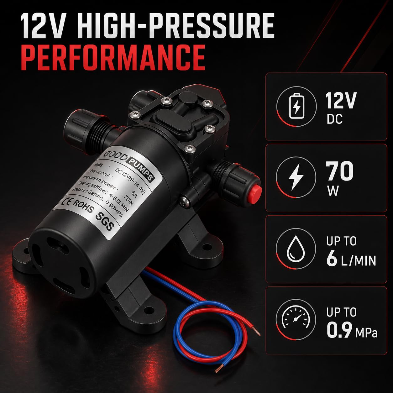 Pompa samozasysająca 12 V - Pompy wodne DC 0,9 Mpa 6 l/min wysokociśnieniowa samozasysająca pompa membranowa, ogrodnictwo rolnictwo nawadnianie wąż 70 W